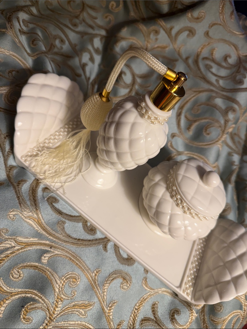 Avon 1999 Rare. Vintage Elegant Vanity Set with Gold Atomizer.